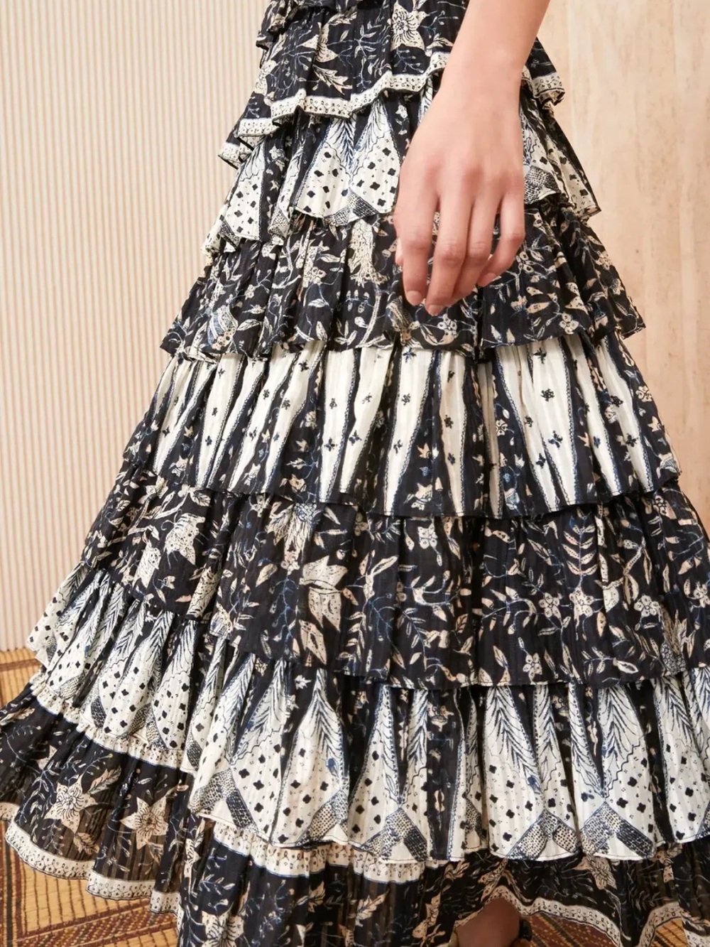 Ulla Johnson Black and Cream Tiered Midi Skirt